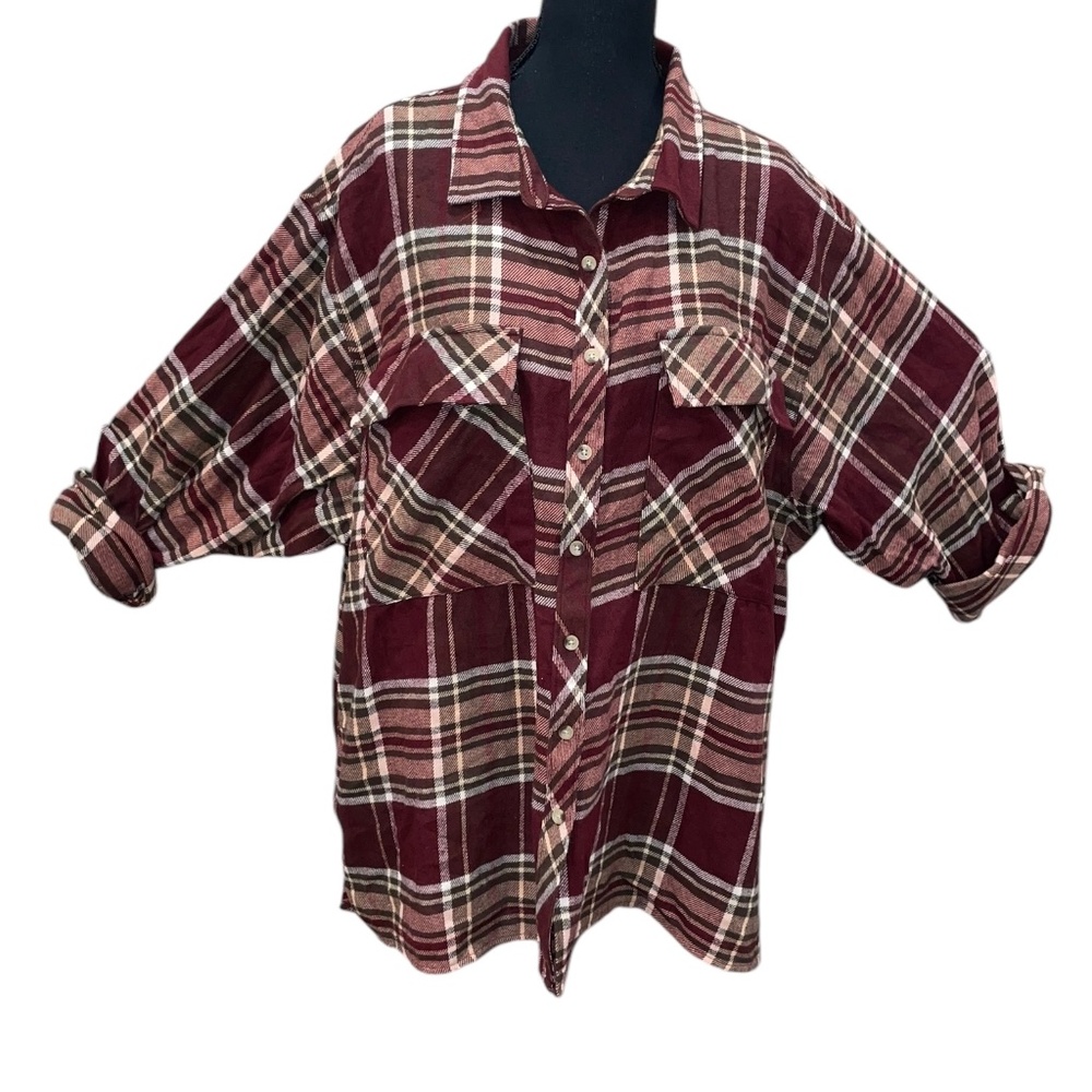 NWT Arizona Jean Co. Plaid Shaket Oversize‎ Soft Long Sleeve Burgundy Top Sz XL - Picture 2 of 9